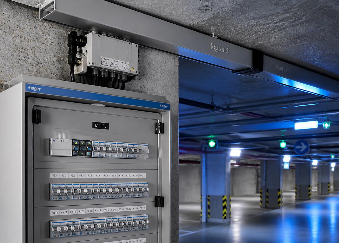 Verdeelkast en flatcable-rail in de ondergrondse parking