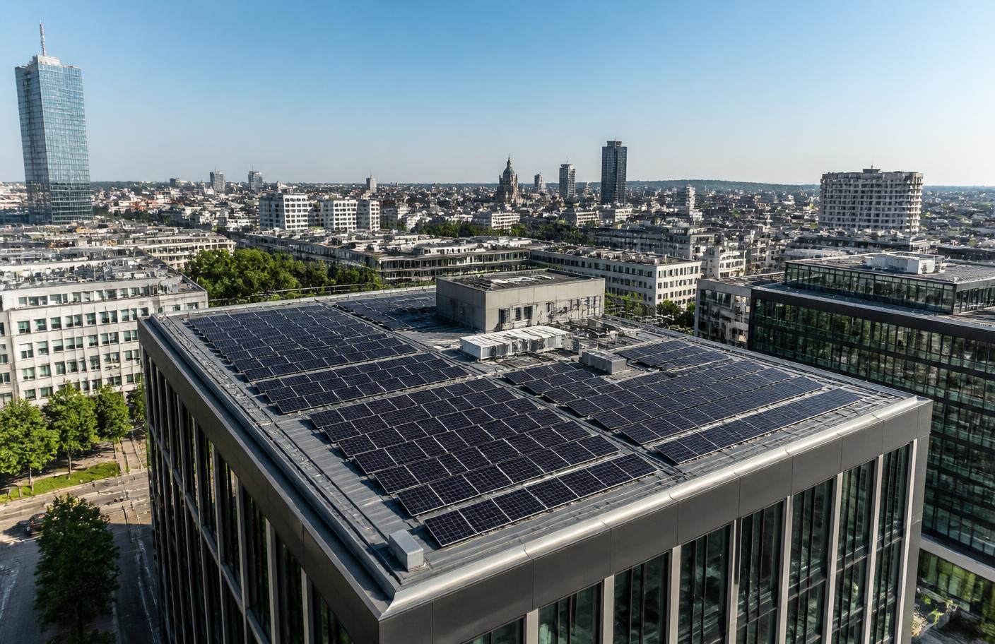 Zonnepanelen op het dak van een kantoorgebouw in Brussel
